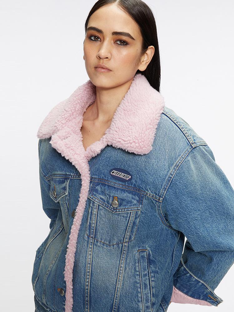 Miss Sixty SHEARLING COLLAR DENIM JACKET MIDDLE BLUE