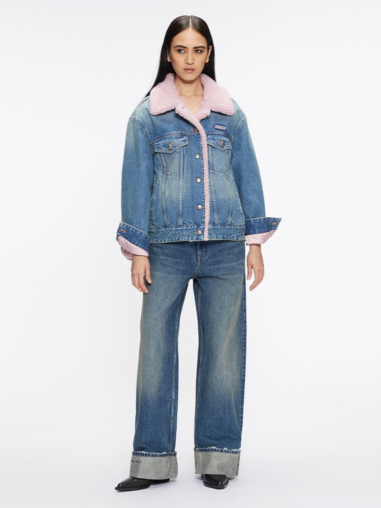 Miss Sixty SHEARLING COLLAR DENIM JACKET MIDDLE BLUE