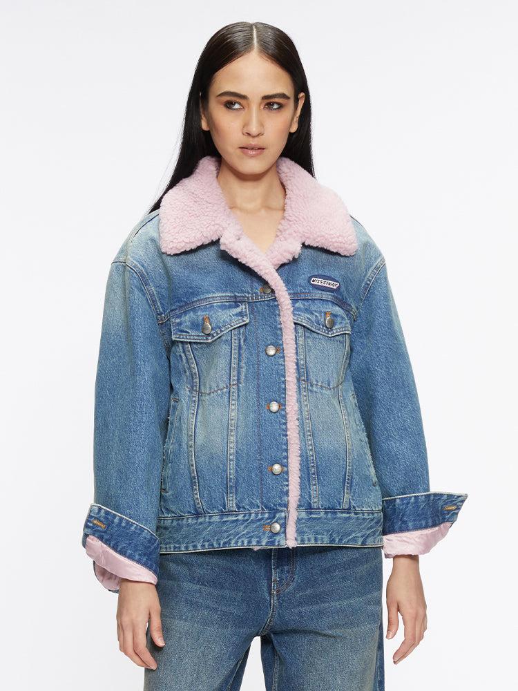 miss sixty SHEARLING COLLAR DENIM JACKET MIDDLE BLUE