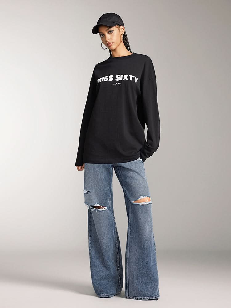 Miss Sixty SLOUCHY LONG SLEEVES PRINTED T-SHIRT BLACK