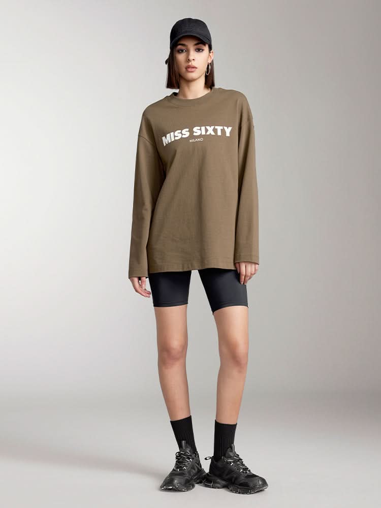 Miss Sixty SLOUCHY LONG SLEEVES PRINTED T-SHIRT DARK KHAKI