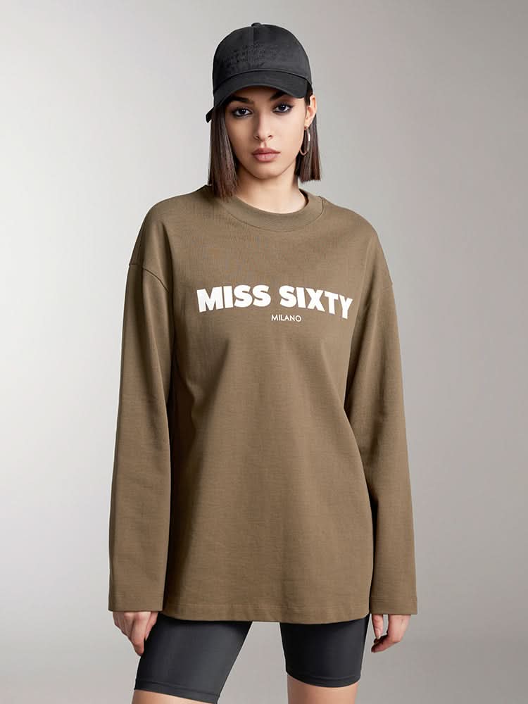 miss sixty SLOUCHY LONG SLEEVES PRINTED T-SHIRT DARK KHAKI