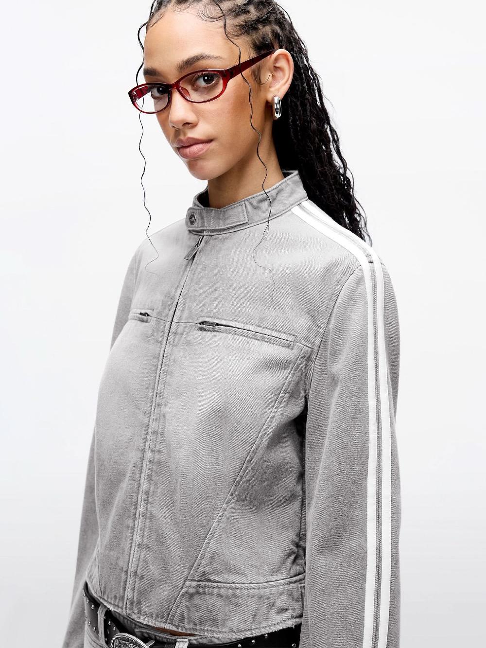 Miss Sixty STAND COLLAR ZIP-UP CROPPED DENIM JACKET GREY