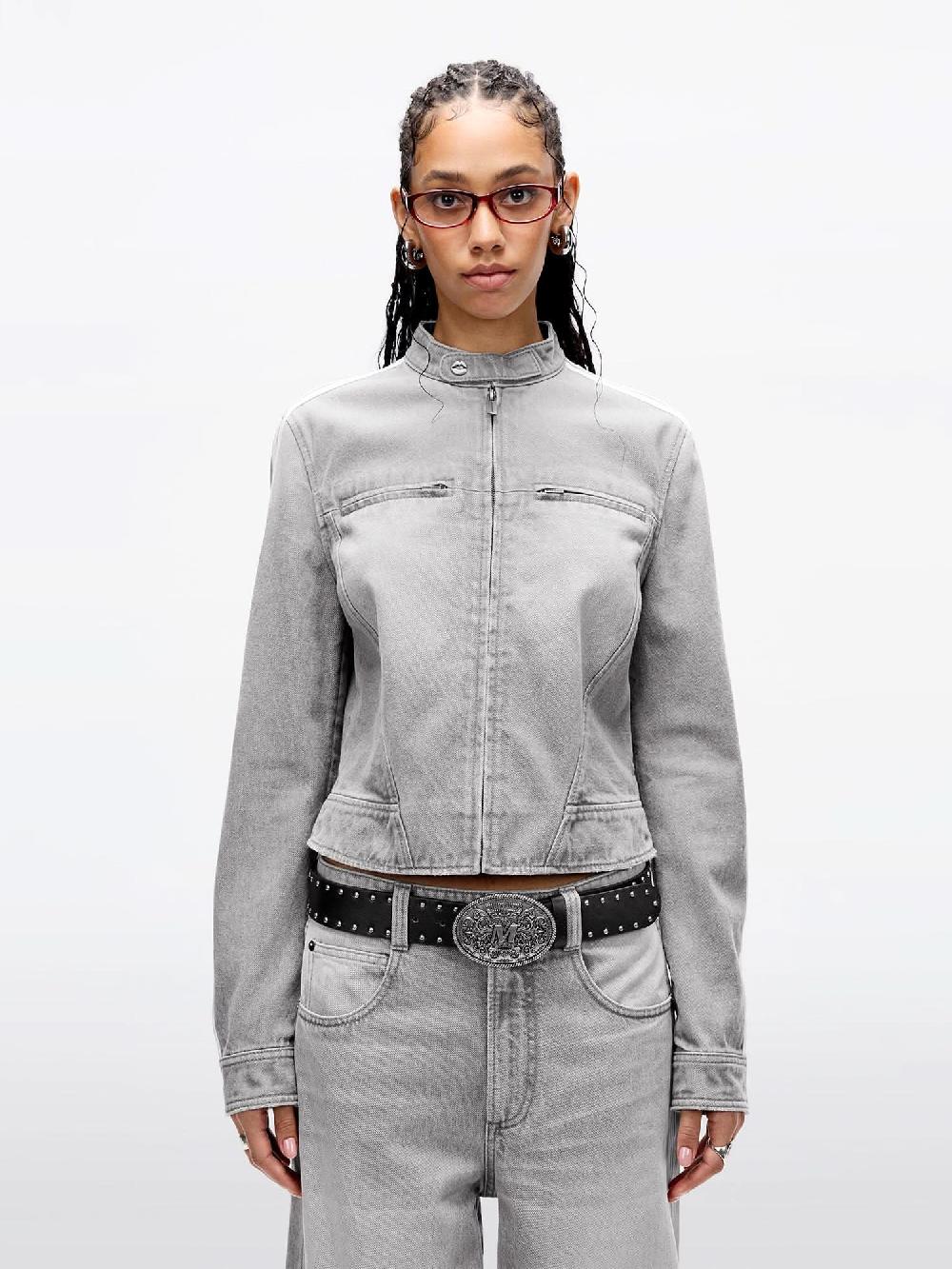 miss sixty STAND COLLAR ZIP-UP CROPPED DENIM JACKET GREY