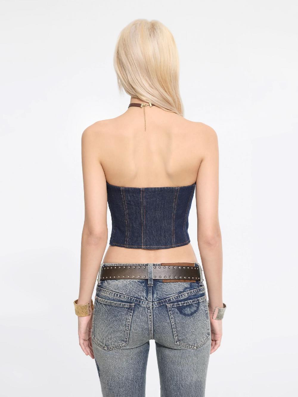 Miss Sixty TAILORED CROPPED DENIM TUBE TOP BLUE BLACK DENIM