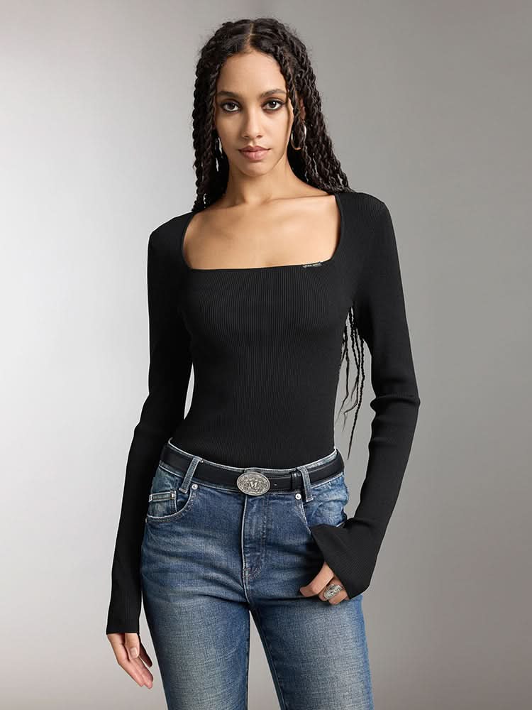 miss sixty U-SHAPED NECKLINE SLIM FIT KNIT TOP BLACK