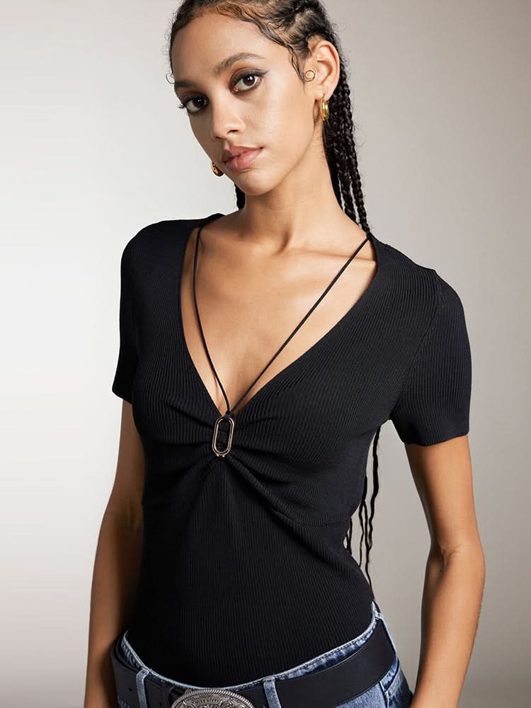 Miss Sixty V-NECK CROPPED TOP WITH METAL BUTTONS BLACK