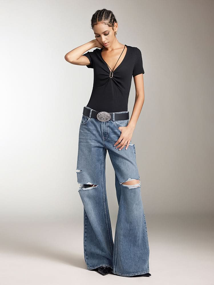 Miss Sixty V-NECK CROPPED TOP WITH METAL BUTTONS BLACK