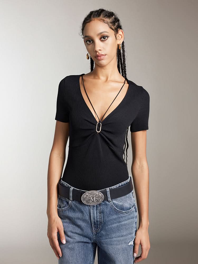 miss sixty V-NECK CROPPED TOP WITH METAL BUTTONS BLACK