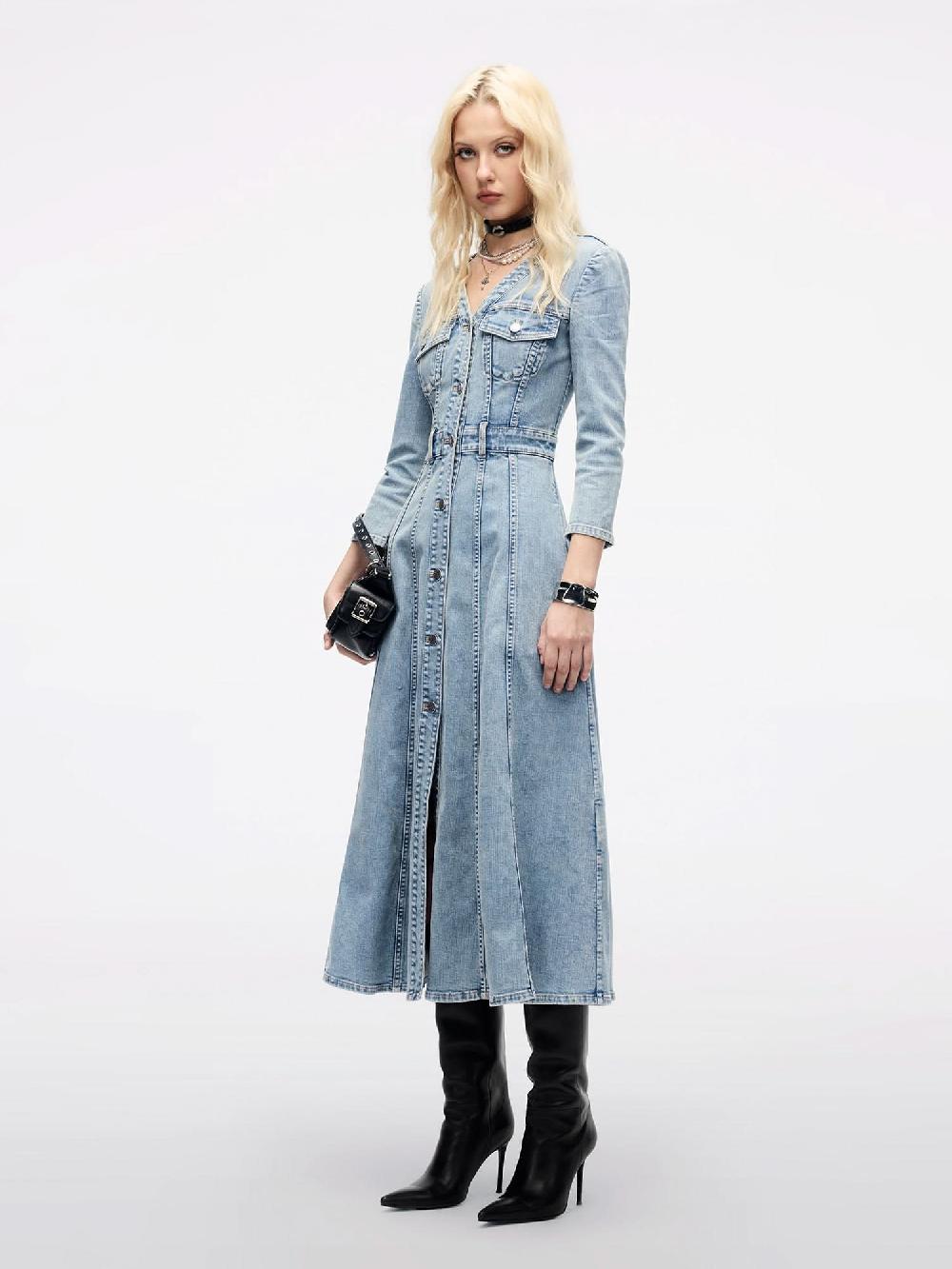 Miss Sixty WAIST-TIED PLEATED DENIM DRESS LIGHT BLUE