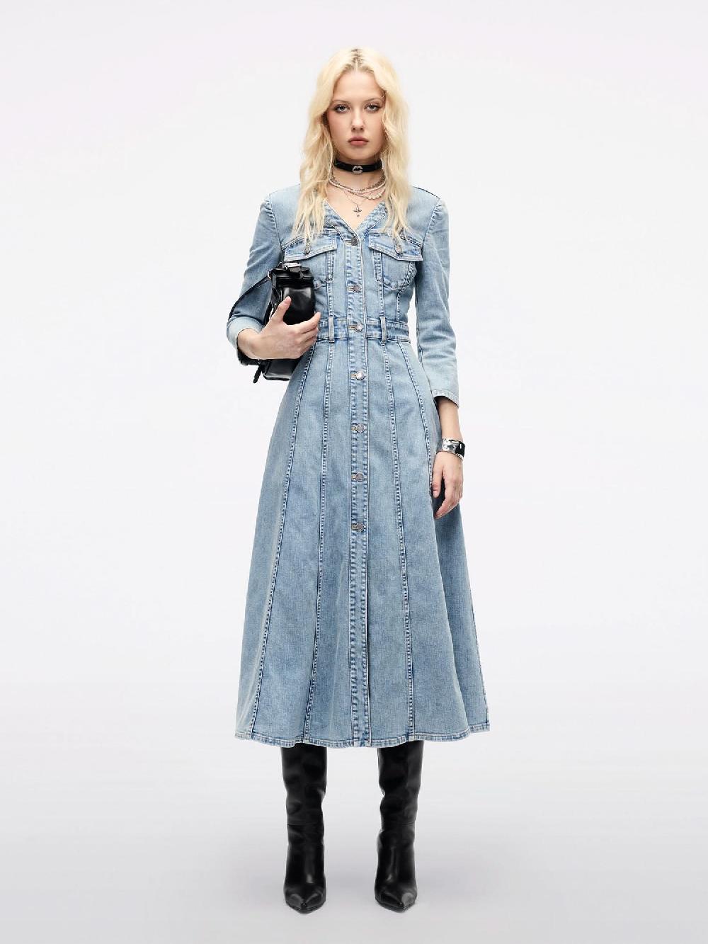 miss sixty WAIST-TIED PLEATED DENIM DRESS LIGHT BLUE