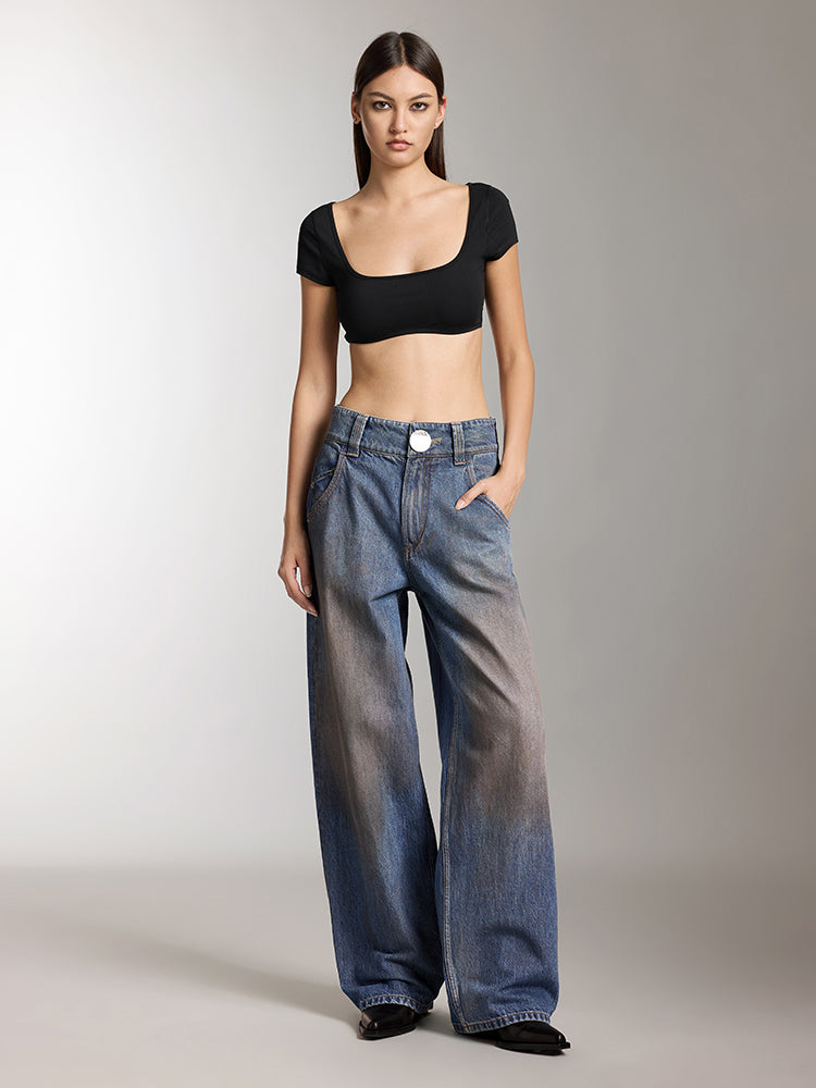 Miss Sixty WASHED DISTRESSED WIDE-LEG JEANS MIDDLE BLUE