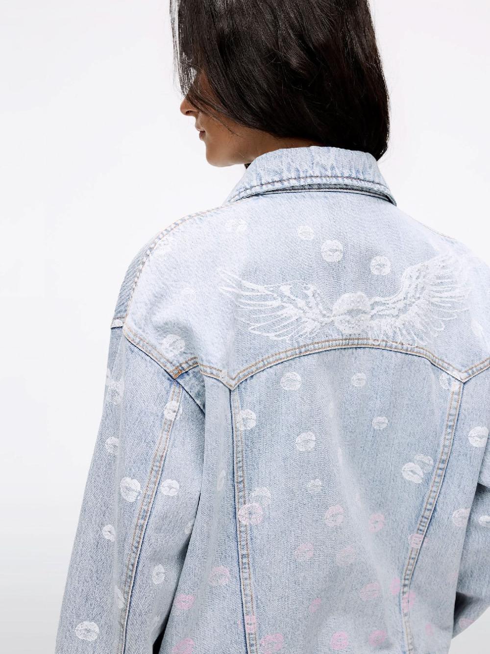 Miss Sixty WING-EMBELLISHED BEADED DENIM JACKET LIGHT BLUE