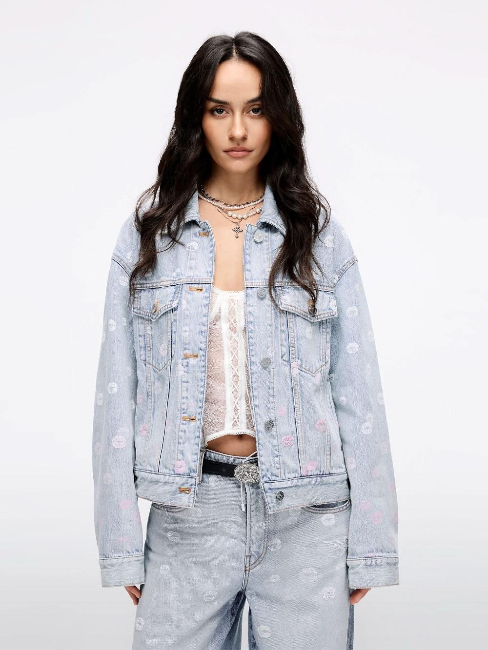 miss sixty WING-EMBELLISHED BEADED DENIM JACKET LIGHT BLUE