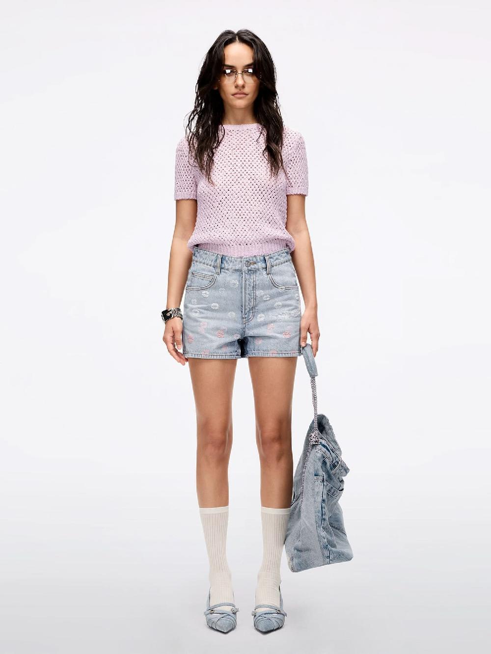 Miss Sixty WING-EMBELLISHED BEADED DENIM SHORTS LIGHT BLUE