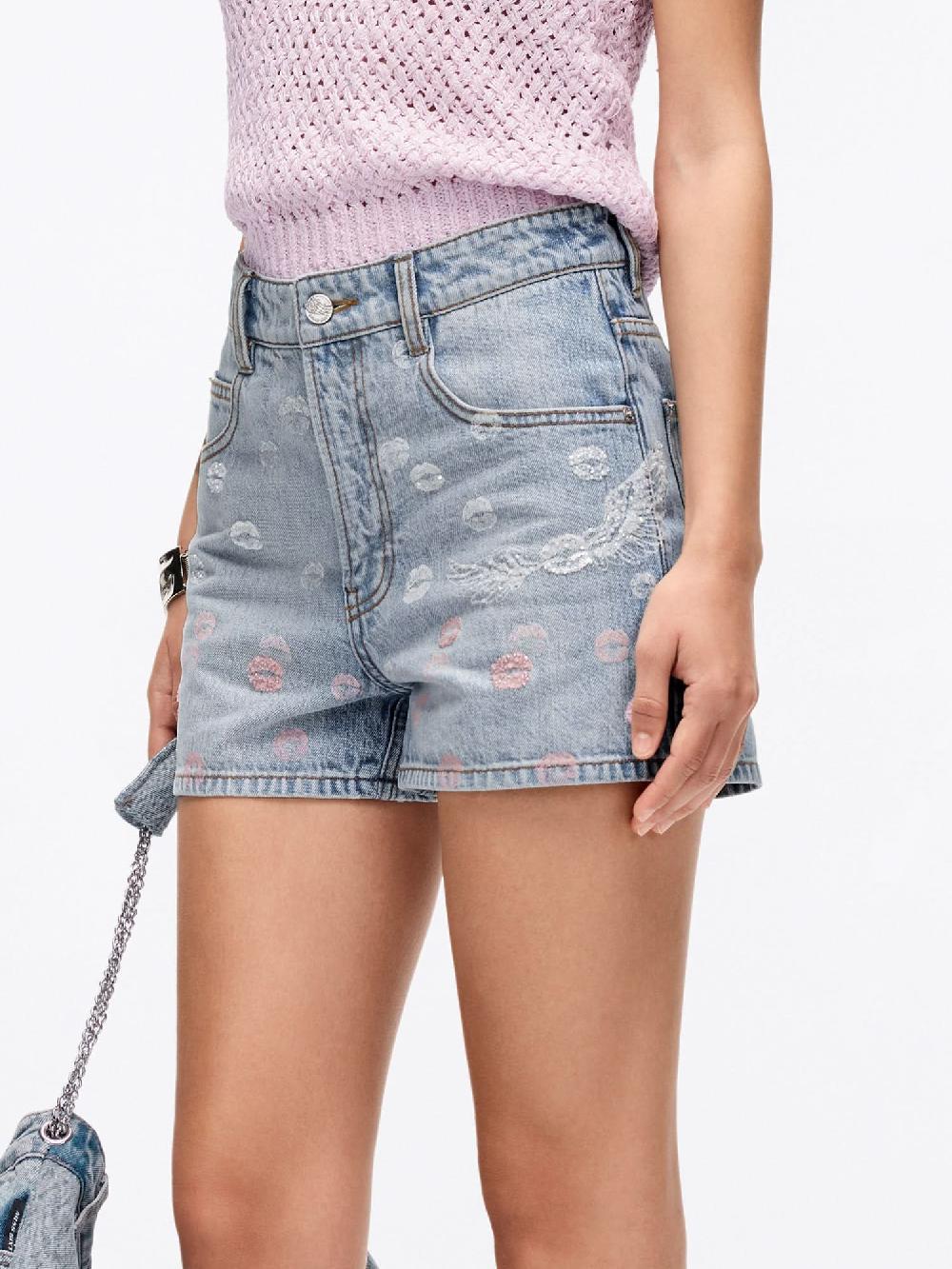 Miss Sixty WING-EMBELLISHED BEADED DENIM SHORTS LIGHT BLUE
