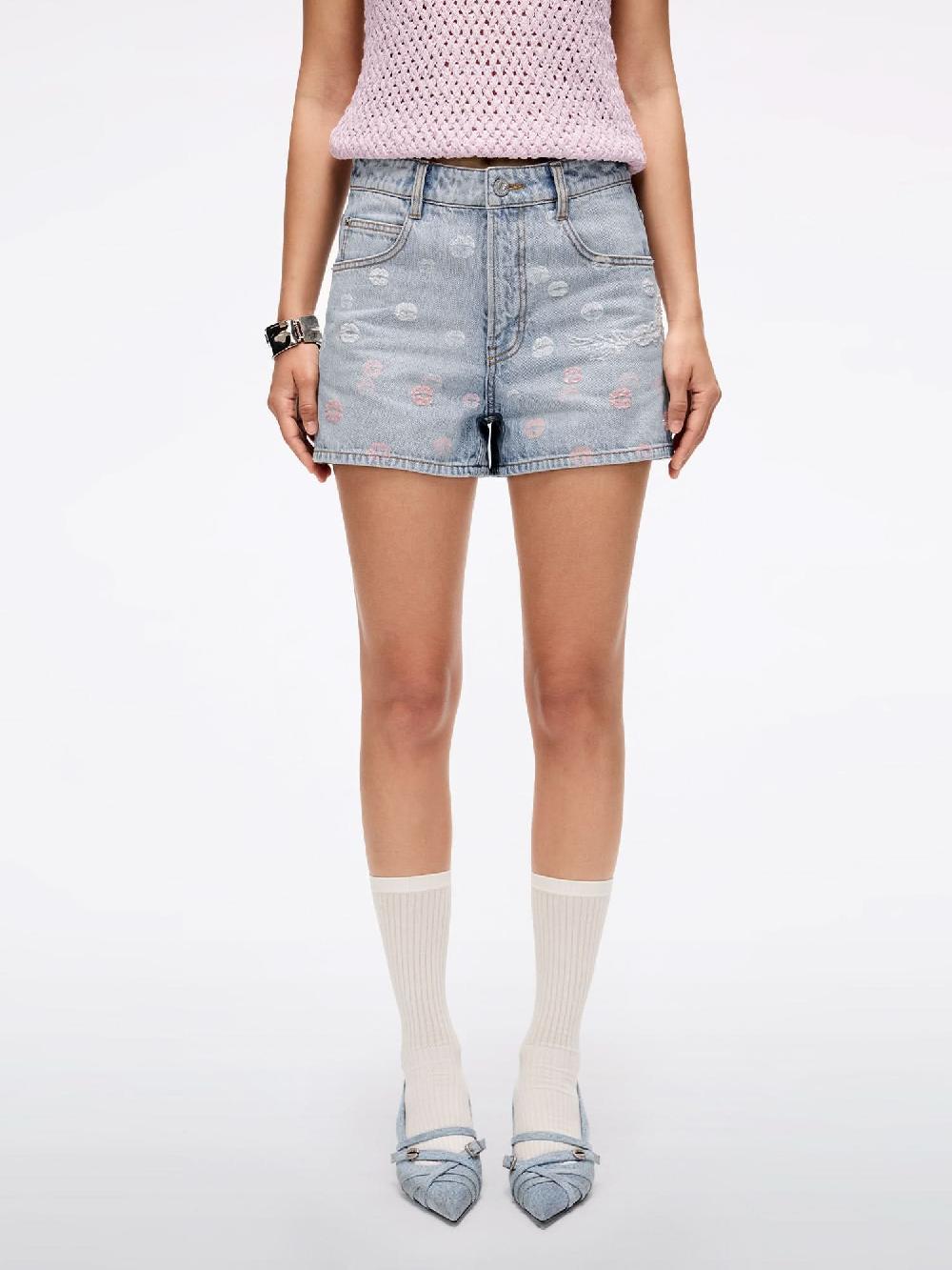 miss sixty WING-EMBELLISHED BEADED DENIM SHORTS LIGHT BLUE