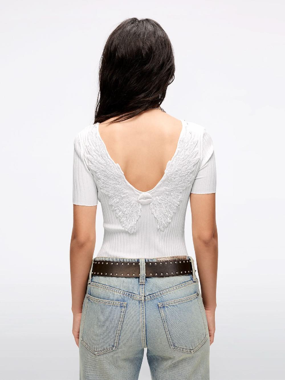 Miss Sixty WING-EMBELLISHED BEADED KNIT TOP MILKY WHITE