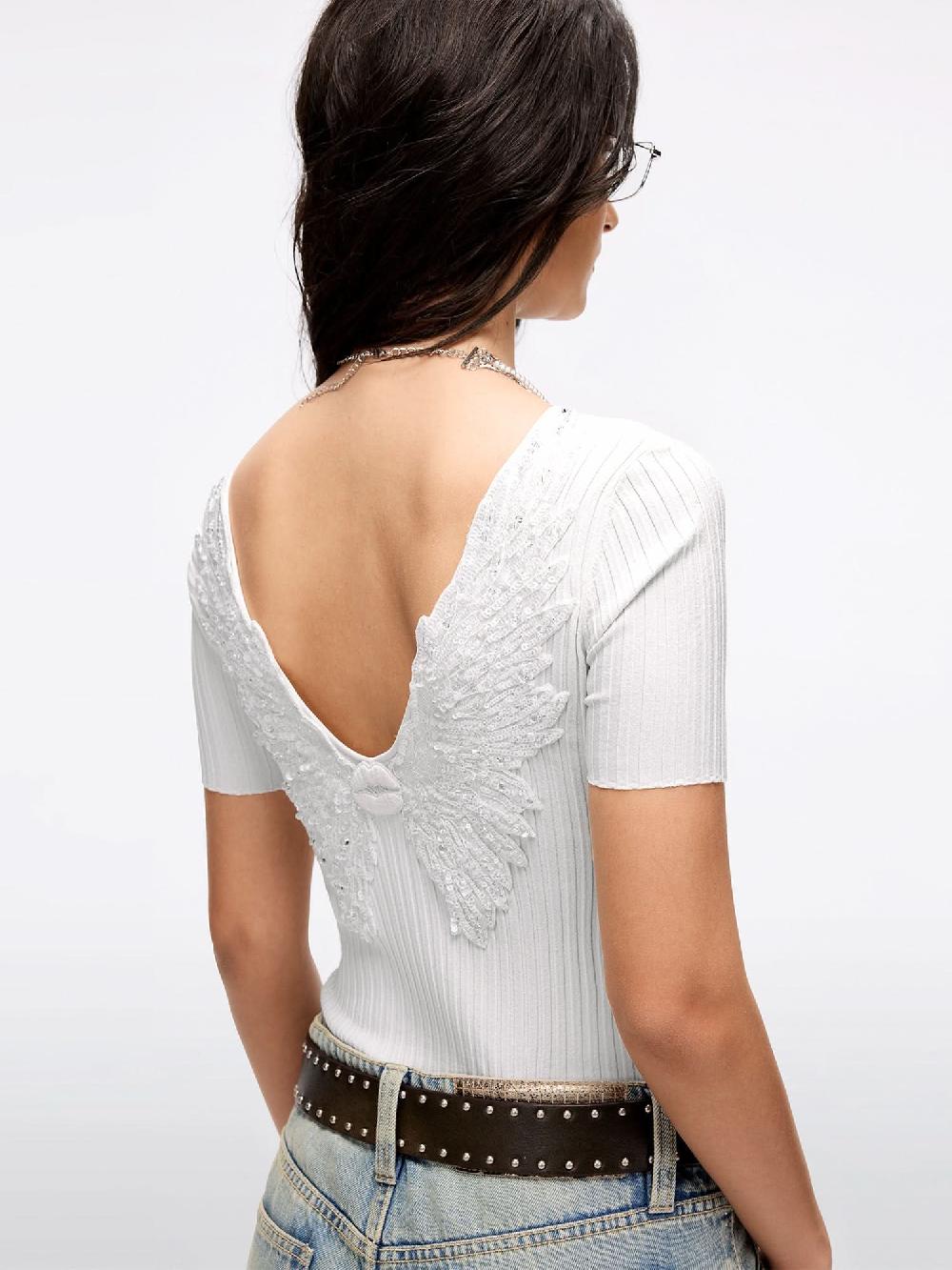 Miss Sixty WING-EMBELLISHED BEADED KNIT TOP MILKY WHITE