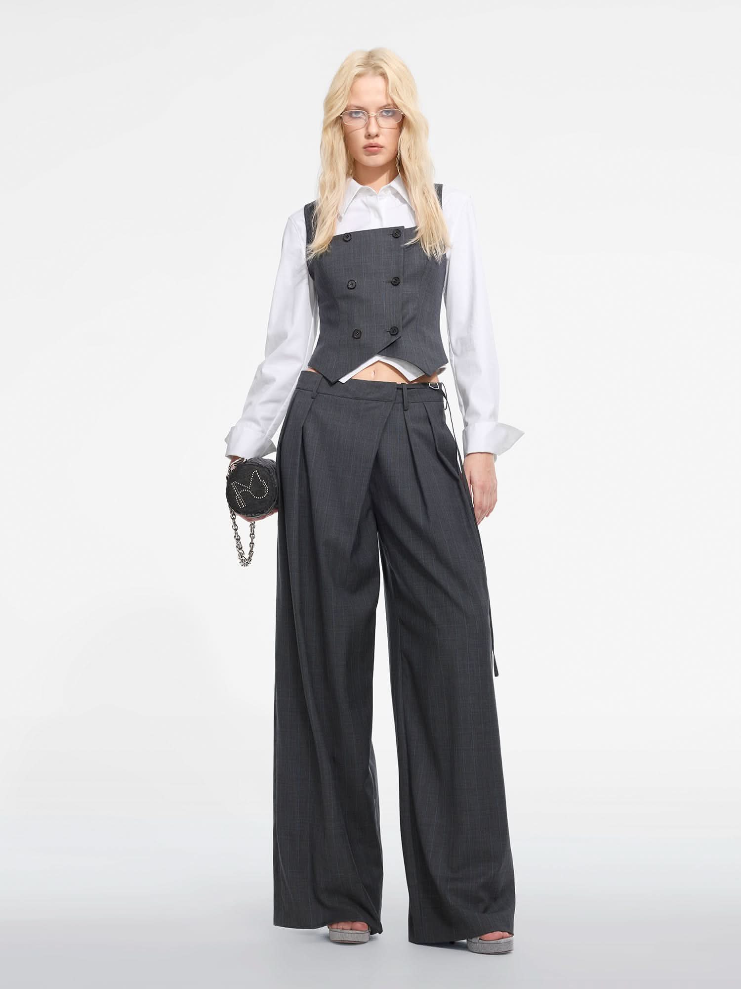 Miss Sixty WOOL BLEND PLEATED STRAIGHT-LEG PANTS DARK GREY