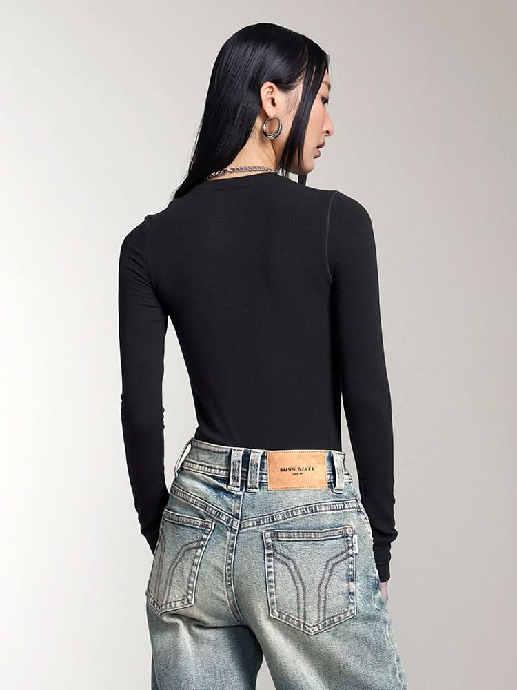 Miss Sixty WOOL-BLEND RIBBED LONG-SLEEVES T-SHIRT BLACK