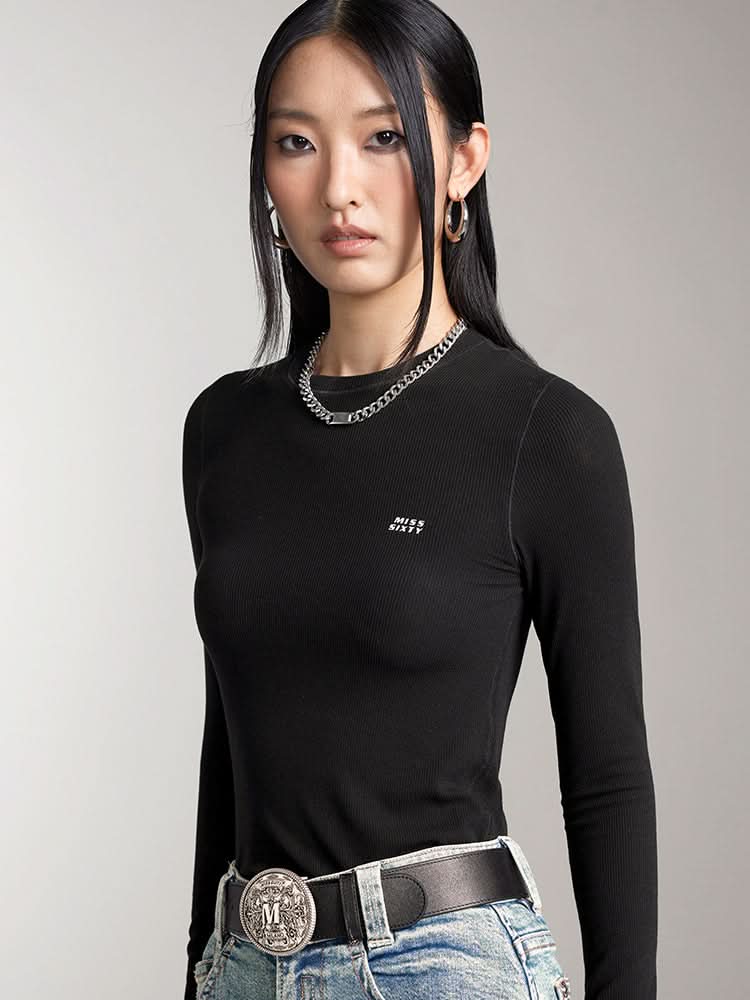 Miss Sixty WOOL-BLEND RIBBED LONG-SLEEVES T-SHIRT BLACK