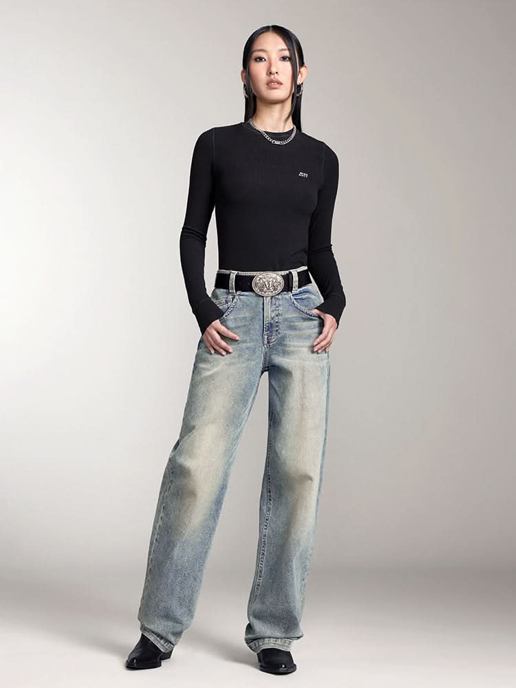 Miss Sixty WOOL-BLEND RIBBED LONG-SLEEVES T-SHIRT BLACK