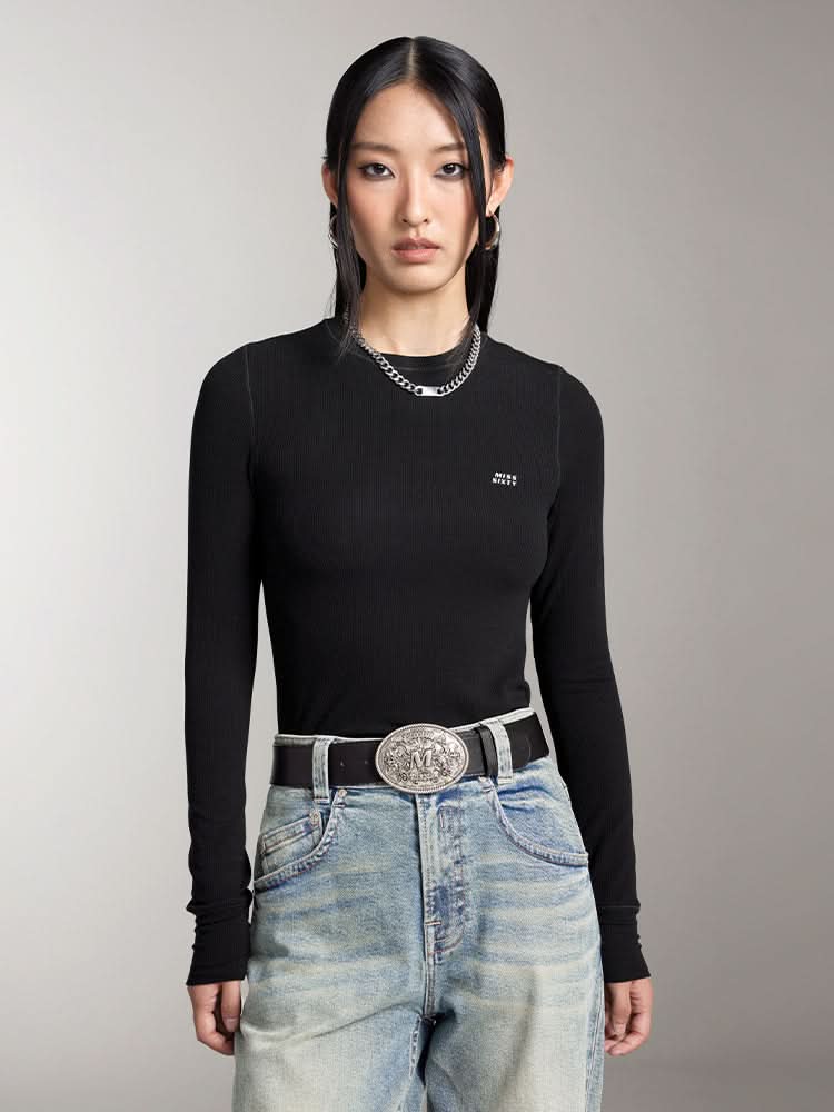 miss sixty WOOL-BLEND RIBBED LONG-SLEEVES T-SHIRT BLACK