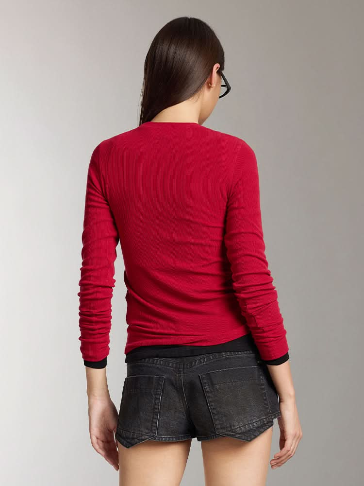 Miss Sixty WOOL-BLEND RIBBED LONG-SLEEVES T-SHIRT BRIGHT RED