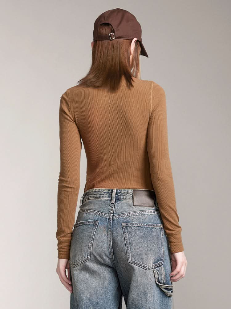 Miss Sixty WOOL-BLEND RIBBED LONG-SLEEVES T-SHIRT COFFEE