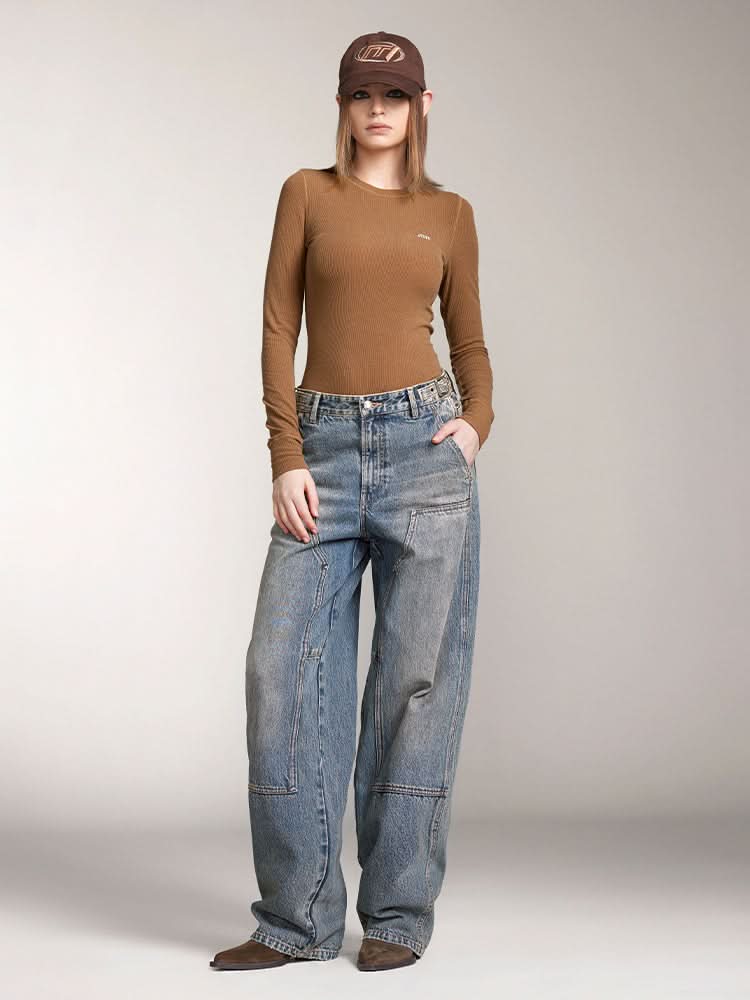 Miss Sixty WOOL-BLEND RIBBED LONG-SLEEVES T-SHIRT COFFEE