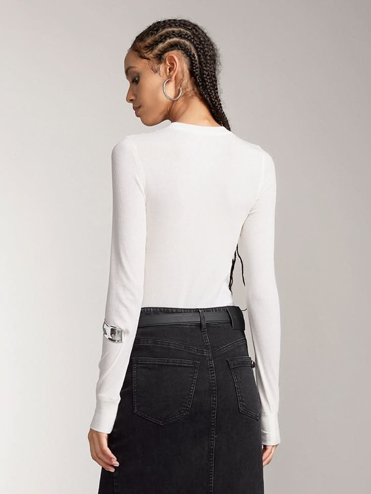 Miss Sixty WOOL-BLEND RIBBED LONG-SLEEVES T-SHIRT OFF WHITE