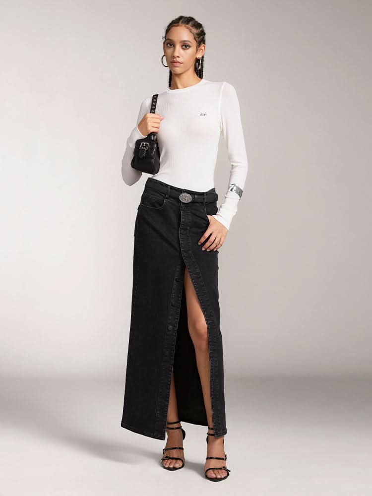 Miss Sixty WOOL-BLEND RIBBED LONG-SLEEVES T-SHIRT OFF WHITE