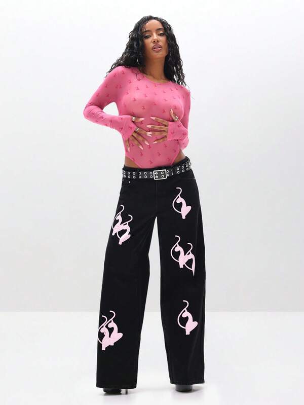 Missguided BABYPHAT Baggy Fit Vintage Wash Jeans With Applique Details Wide Leg Pants For Casual Streetwear