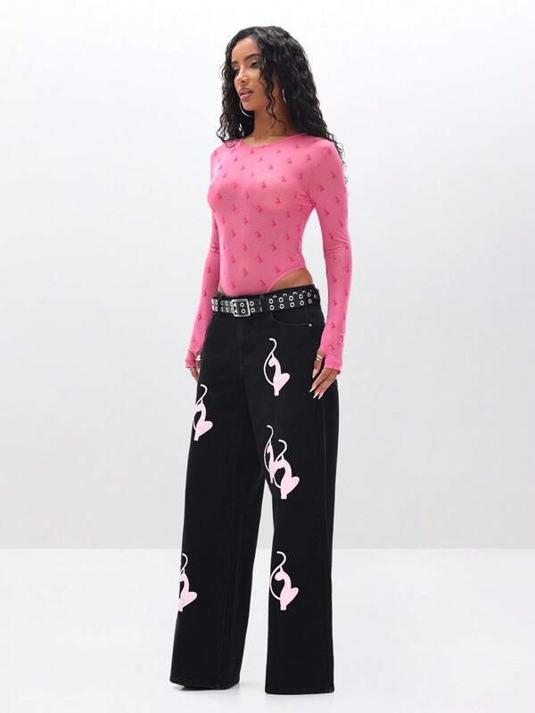 Missguided BABYPHAT Baggy Fit Vintage Wash Jeans With Applique Details Wide Leg Pants For Casual Streetwear