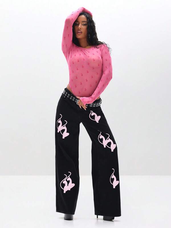 Missguided BABYPHAT Baggy Fit Vintage Wash Jeans With Applique Details Wide Leg Pants For Casual Streetwear