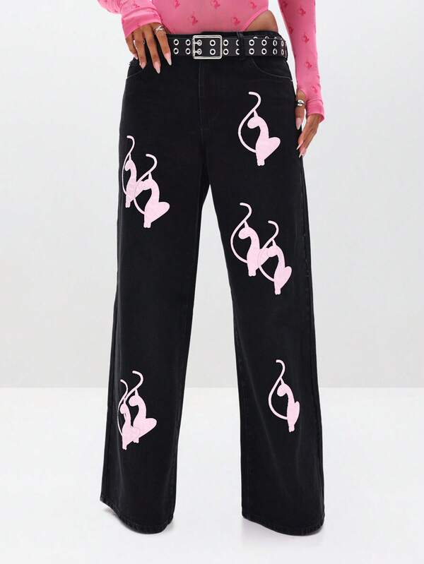 missguided BABYPHAT Baggy Fit Vintage Wash Jeans With Applique Details Wide Leg Pants For Casual Streetwear