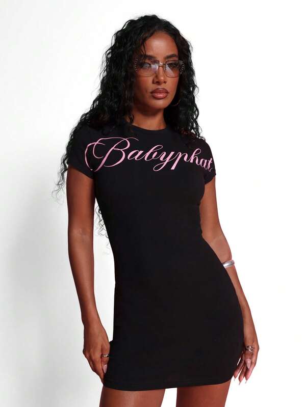 missguided BABYPHAT CAP SLEEVE RIB MINI DRESS WITH SCRIPT PRINT