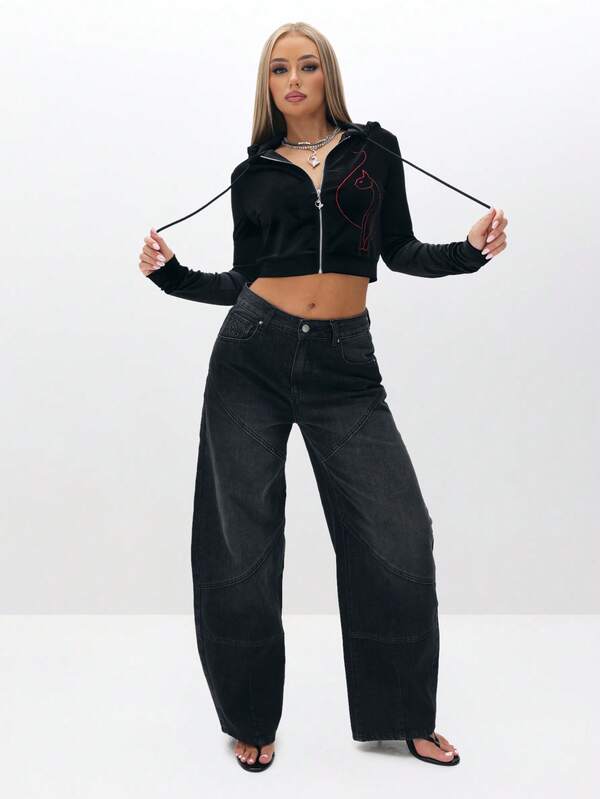 Missguided BABYPHAT Cropped Velour Zip Up Hoodie With Rhinestone Embellishment Long Sleeve Fall Winter Sweatshirt