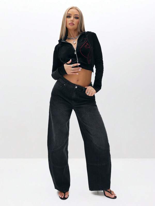 Missguided BABYPHAT Cropped Velour Zip Up Hoodie With Rhinestone Embellishment Long Sleeve Fall Winter Sweatshirt