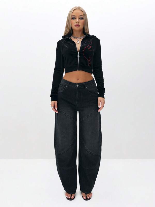 Missguided BABYPHAT Cropped Velour Zip Up Hoodie With Rhinestone Embellishment Long Sleeve Fall Winter Sweatshirt