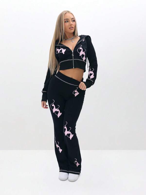 Missguided BABYPHAT Fitted Flare Logo Sweatpants With Pink Cat Print For Casual Everyday Wear
