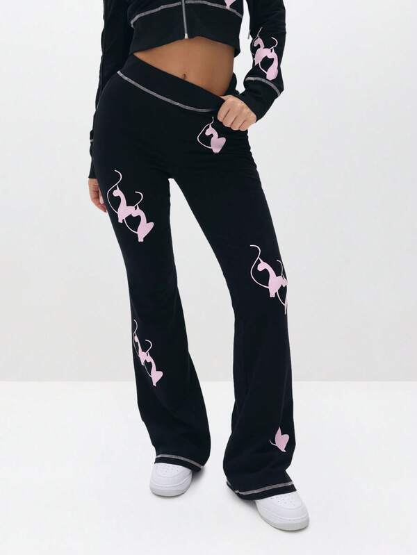 missguided BABYPHAT Fitted Flare Logo Sweatpants With Pink Cat Print For Casual Everyday Wear