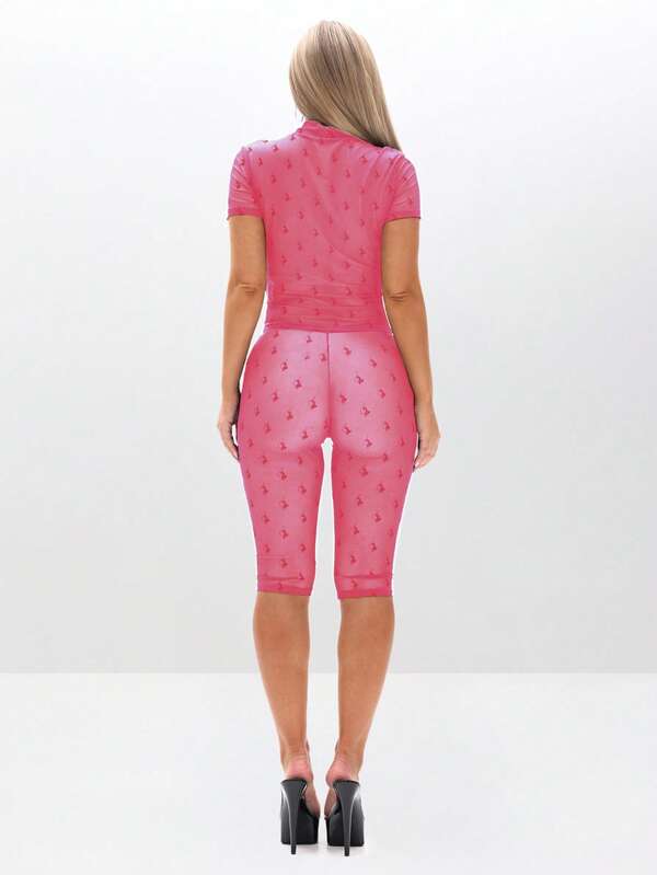Missguided BABYPHAT Flocked Mesh High Neck Short Sleeve Sheer Top With Cat Logo Print Pattern