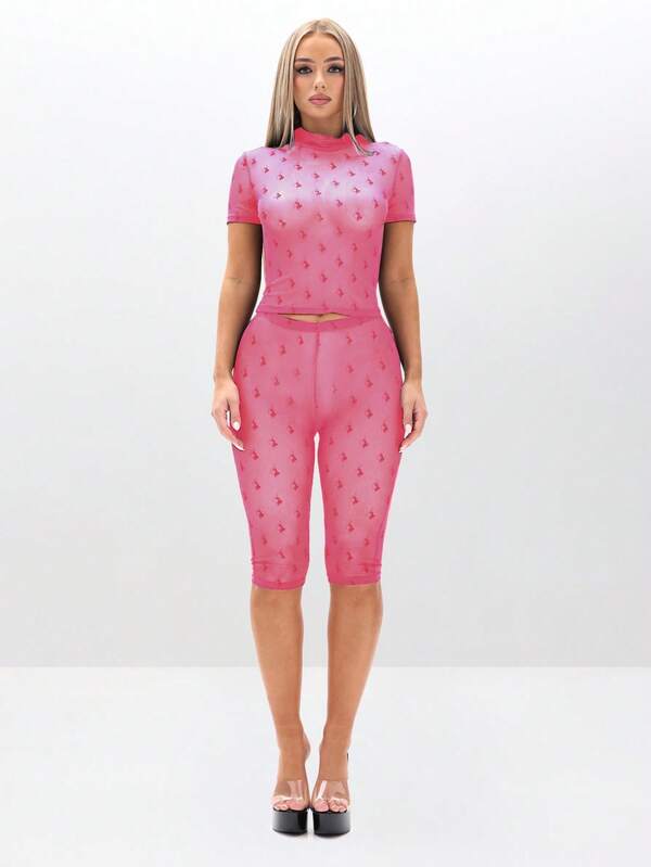 Missguided BABYPHAT Flocked Mesh High Neck Short Sleeve Sheer Top With Cat Logo Print Pattern