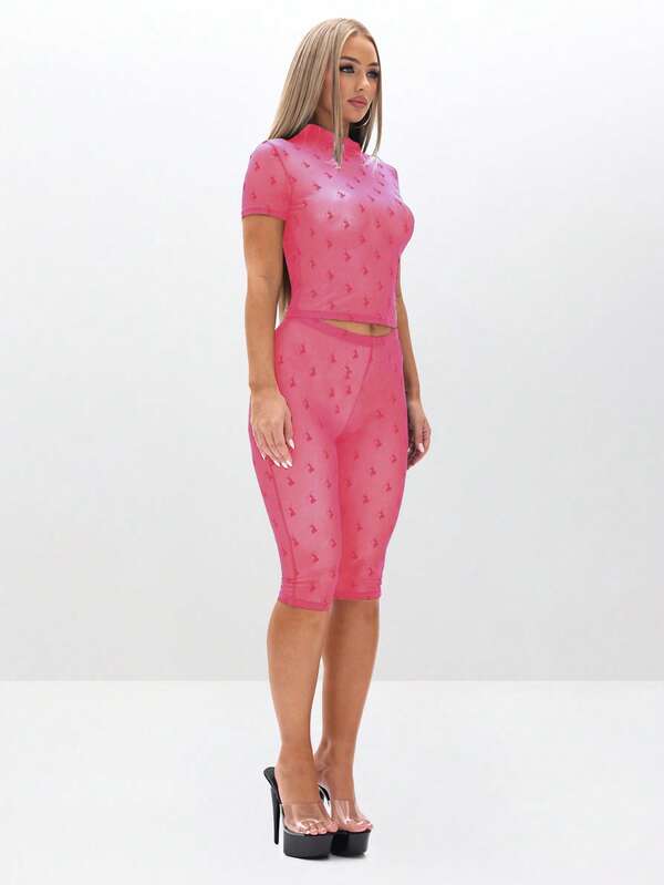 Missguided BABYPHAT Flocked Mesh High Neck Short Sleeve Sheer Top With Cat Logo Print Pattern