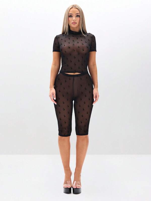 Missguided BABYPHAT Flocked Mesh High Neck Short Sleeve Sheer Overlay Top With Textured Detailing For Layered Looks