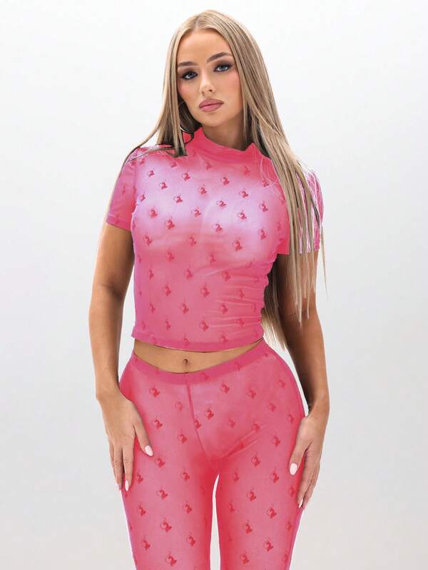 missguided BABYPHAT Flocked Mesh High Neck Short Sleeve Sheer Top With Cat Logo Print Pattern