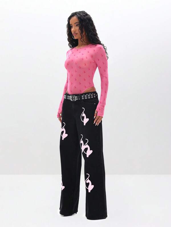 Missguided BABYPHAT Flocked Mesh Long Sleeve Bodysuit With Crew Neck Valentine's Day Fashion Top