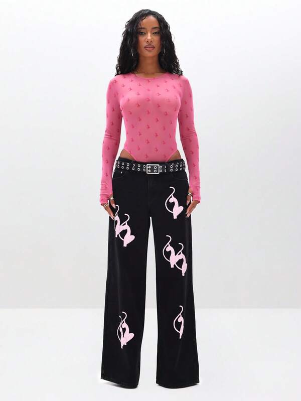 Missguided BABYPHAT Flocked Mesh Long Sleeve Bodysuit With Crew Neck Valentine's Day Fashion Top
